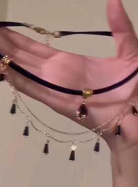 黑色水滴流苏项链女轻奢