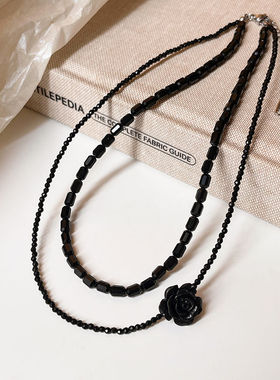 黑玫瑰花串珠双层项链锁骨链