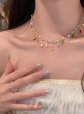 彩色锆石流苏项链女夏轻奢