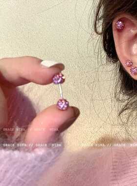 粉色爆闪双头钛钢耳钉女拧螺丝