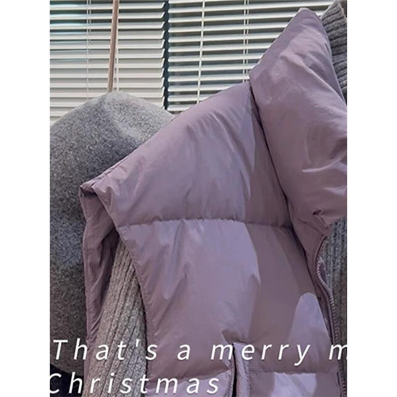 牛X货 巨炸裂！紫色短款羽绒服外套女冬季宽松立领白鸭绒背心马甲 - 图1