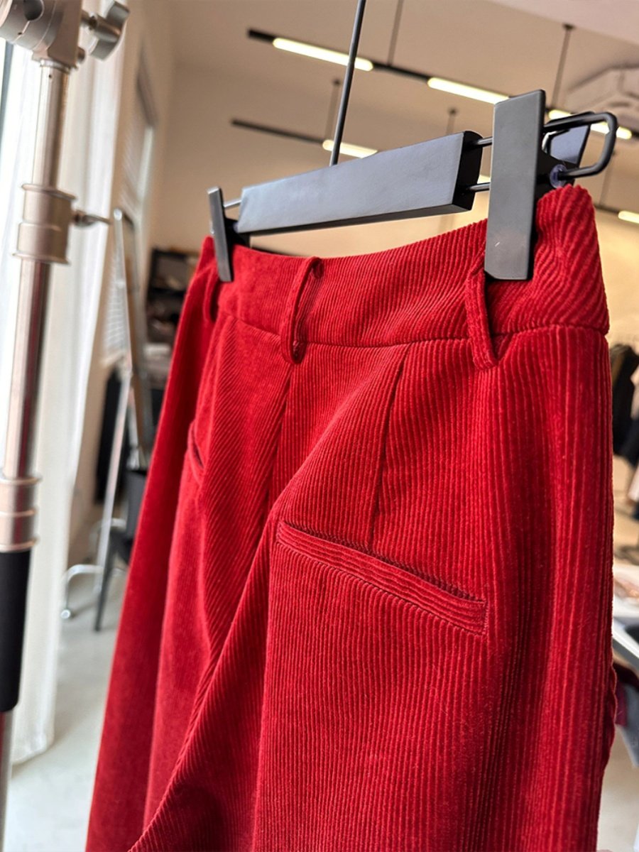 品牌专柜高端女装外贸复古红色灯芯绒阔腿裤直筒高级感休闲长裤女,淘宝优惠券,粉丝福利购,淘宝优惠卷
