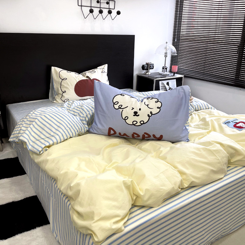 花田小汐 小白狗 可爱水洗棉全棉四件套纯棉床单床笠款被套三件套,淘宝优惠券,粉丝福利购,淘宝优惠卷