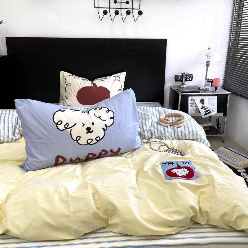 花田小汐 小白狗 可爱水洗棉全棉四件套纯棉床单床笠款被套三件套,淘宝优惠券,粉丝福利购,淘宝优惠卷