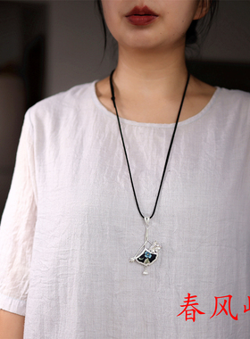 贵州民族风刺绣老绣蓝染花朵项链