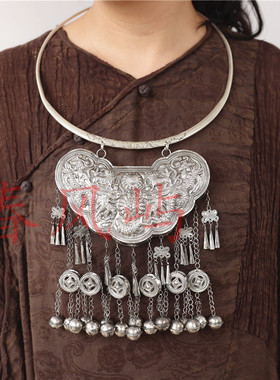 民族风苗银双龙戏珠长命锁大项圈