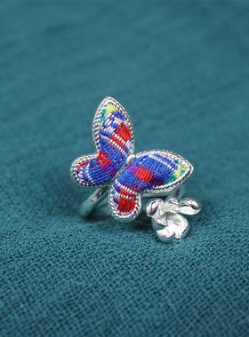 民族风苗银刺绣老绣蓝染戒指时尚