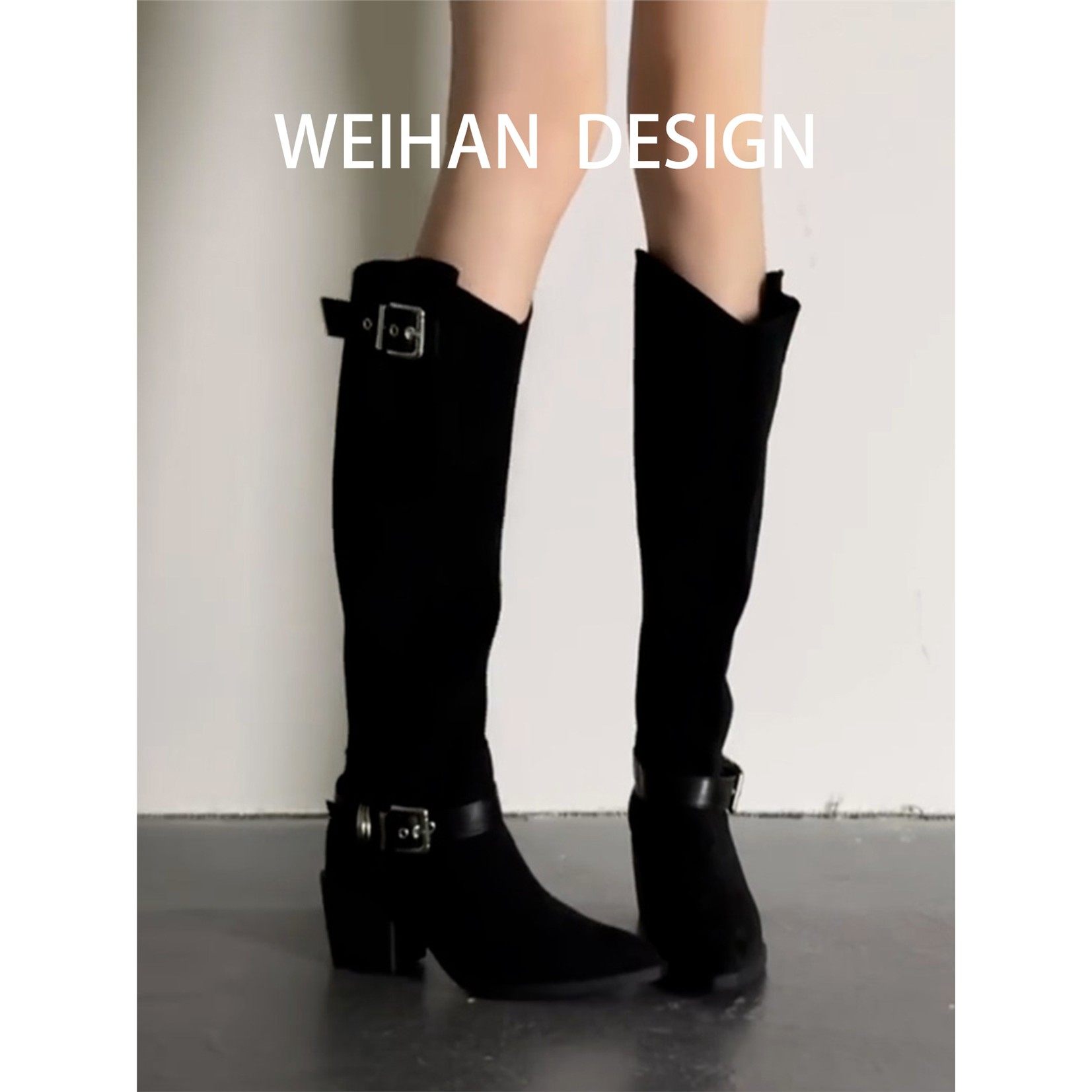 羊皮版！尖头皮带扣粗跟长靴女黑色不过膝高跟靴西部骑士靴长筒靴,淘宝优惠券,粉丝福利购,淘宝优惠卷