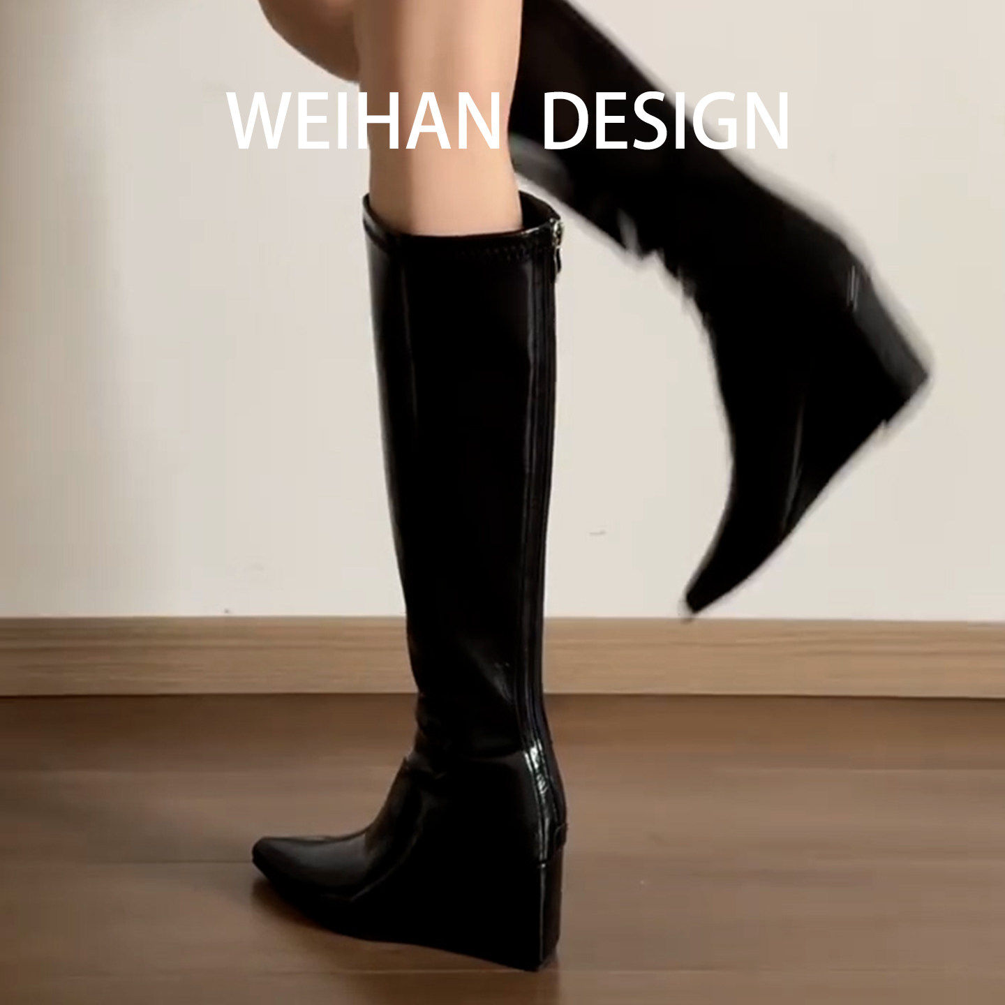羊皮版！黑色尖头坡跟直筒骑士靴女高跟百搭显瘦长筒靴辣妹高筒靴,淘宝优惠券,粉丝福利购,淘宝优惠卷