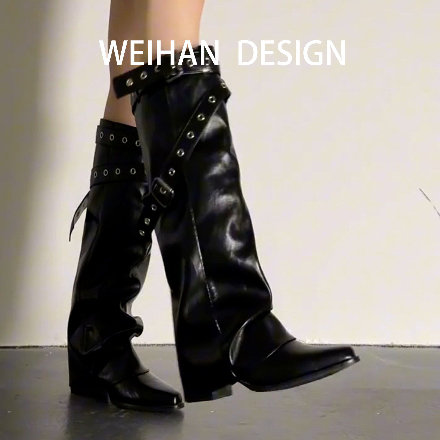 羊皮版！复古皮带扣裤管靴女真皮辣妹法式显瘦长靴粗跟铆钉骑士靴,淘宝优惠券,粉丝福利购,淘宝优惠卷