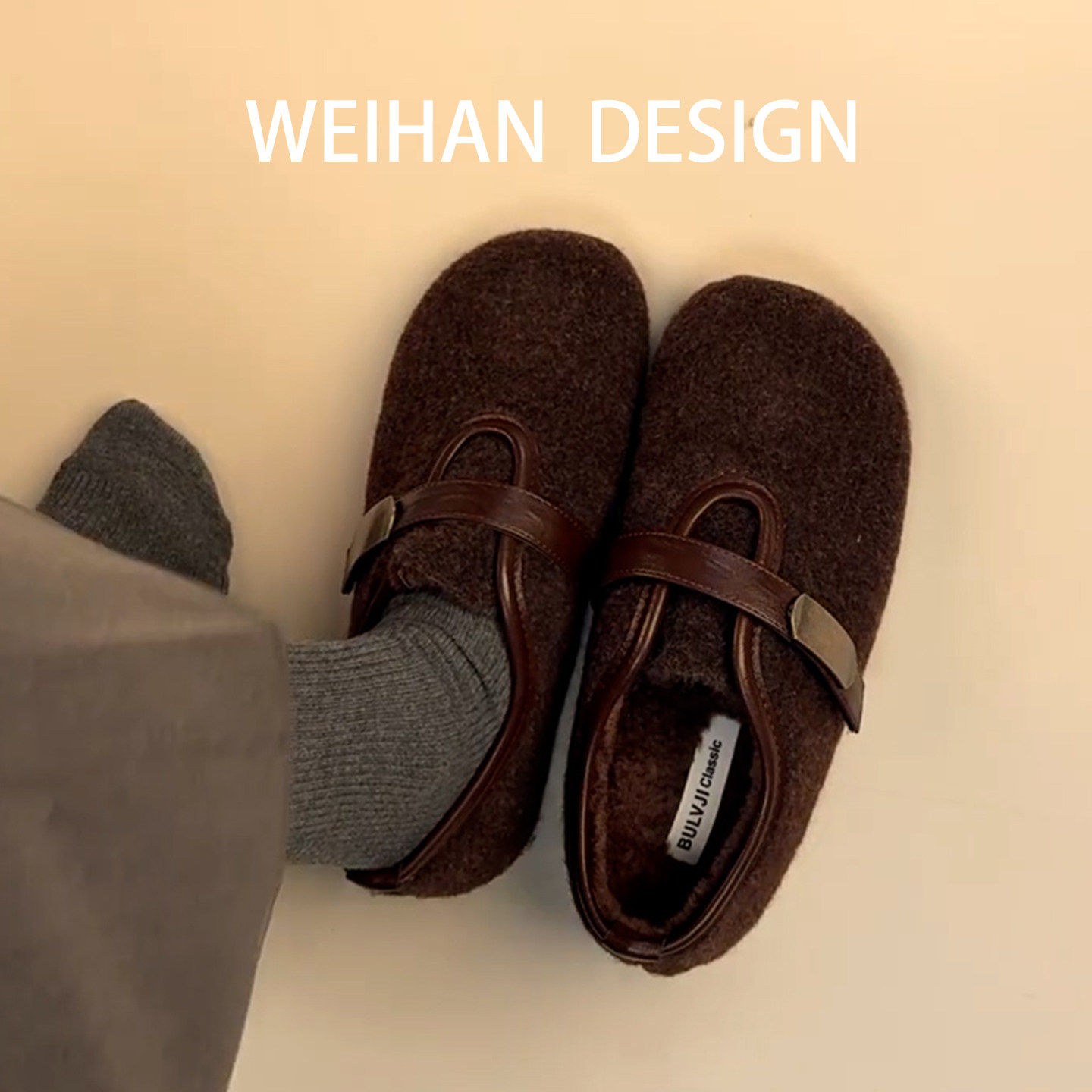 羊皮版！韩版厚底毛呢加绒勃肯鞋女秋冬款百搭金属扣玛丽珍豆豆鞋,淘宝优惠券,粉丝福利购,淘宝优惠卷