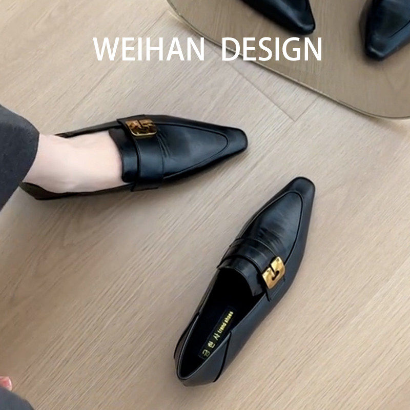 羊皮版~黑色加绒一脚蹬小皮鞋女春法式坡跟通勤小众方头浅口单鞋,淘宝优惠券,粉丝福利购,淘宝优惠卷