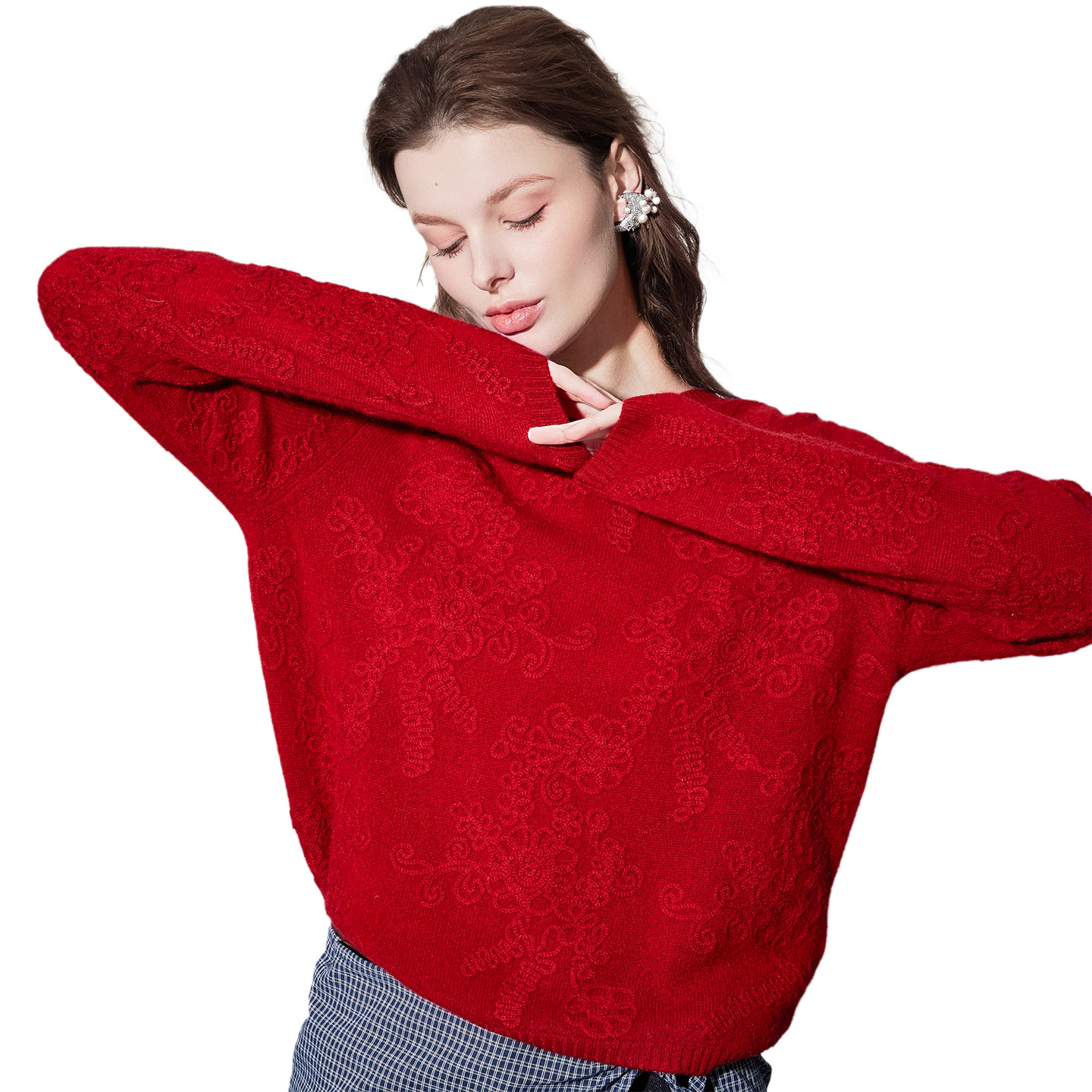 沦陷了～亨特红！100%山羊绒 重工花朵刺绣提花红色针织衫毛衣女,淘宝优惠券,粉丝福利购,淘宝优惠卷