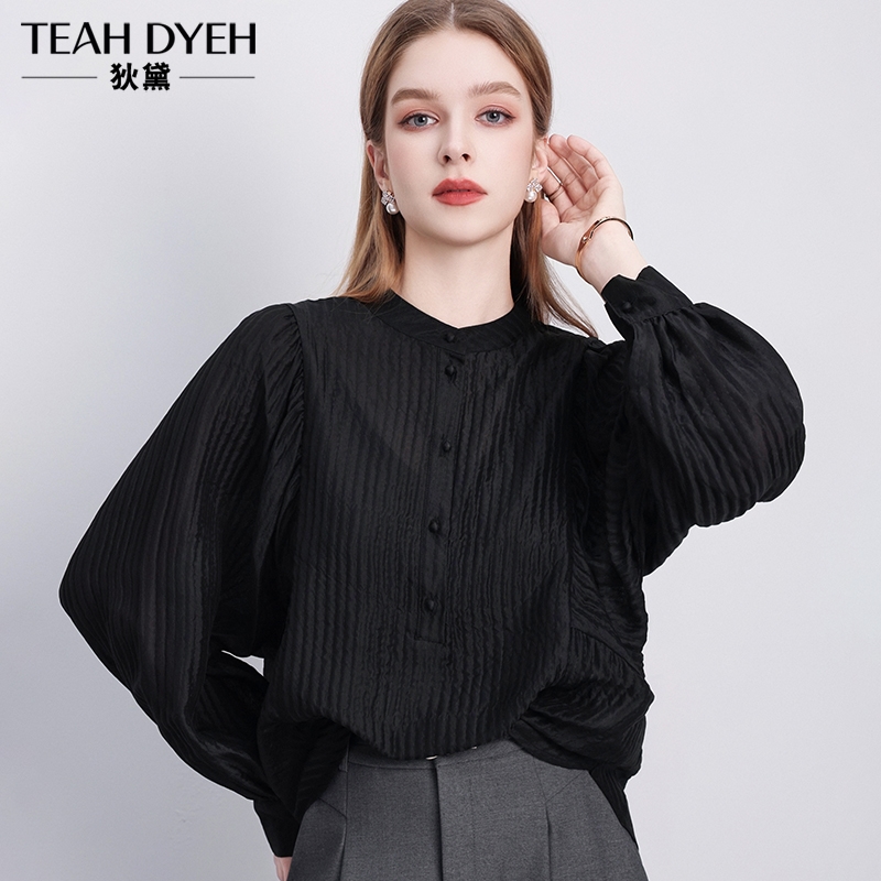 骨子里的贵气感~精致立领肌理感黑色灯笼长袖真丝衬衫桑蚕丝上衣 - 图0