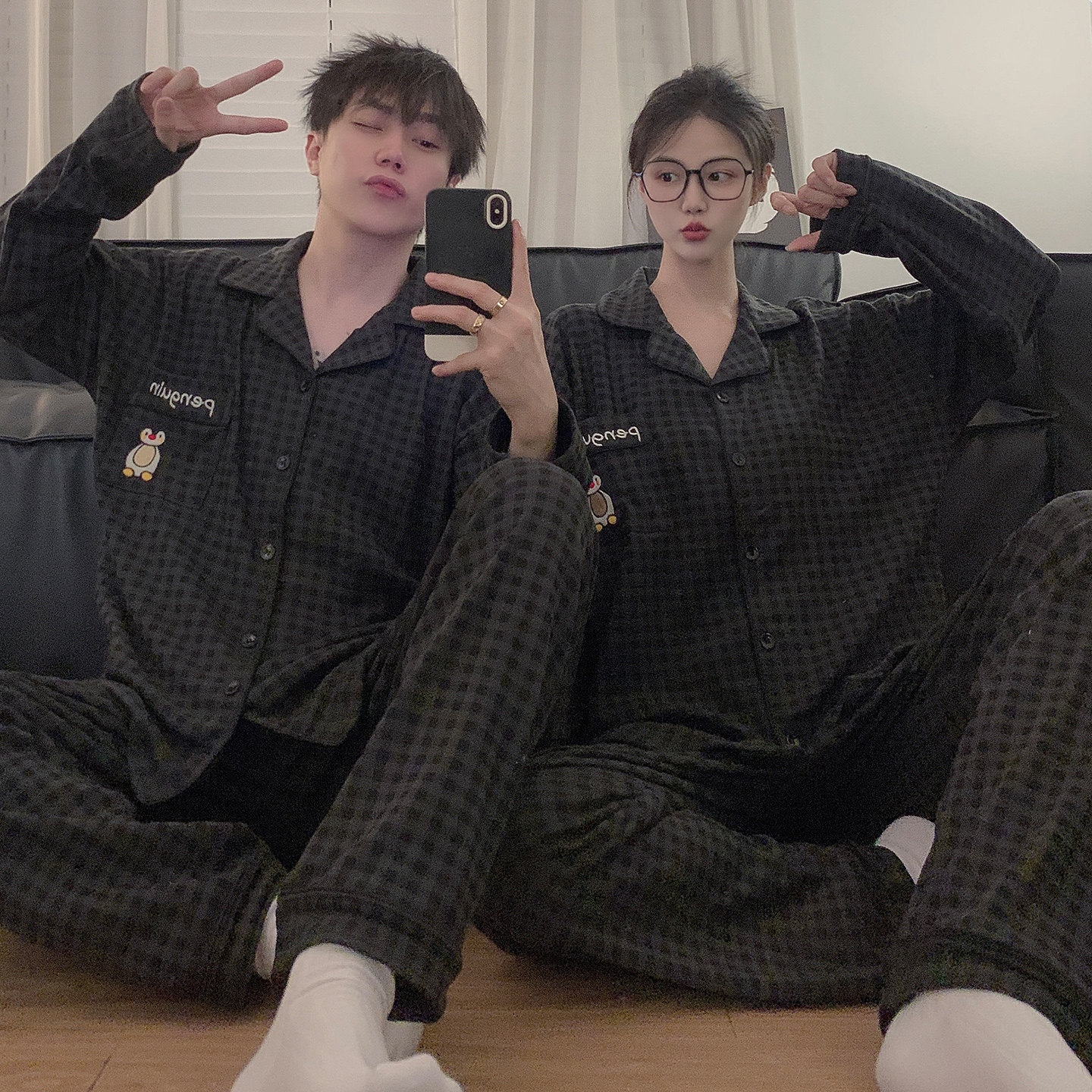 德绒企鹅情侣睡衣春秋冬季保暖长袖长裤格子薄绒男女款家居服套装,淘宝优惠券,粉丝福利购,淘宝优惠卷