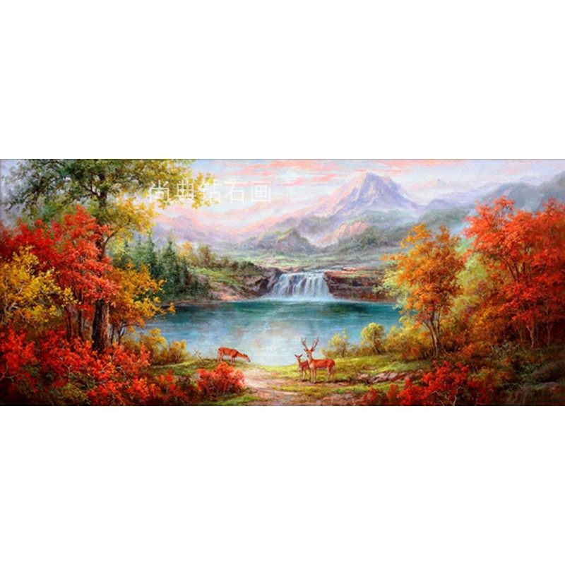 2022新款客厅DIY方钻满钻钻石画麋鹿瀑布聚宝盆粘贴钻十字绣带钻,淘宝优惠券,粉丝福利购,淘宝优惠卷
