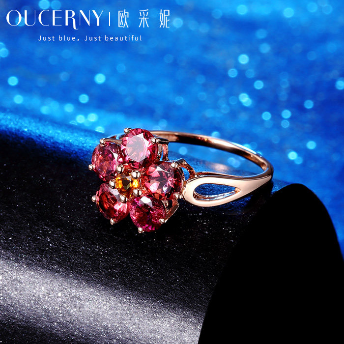 欧采妮红碧玺花瓣18k玫瑰金女戒 oucerny欧采妮手饰