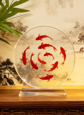 九鱼聚财水晶摆件顺风顺水乔迁开业客厅酒柜桌面高端天官赐福圆形
