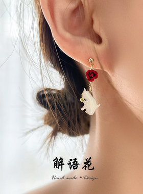 森系甜美不对称玫瑰珐琅滴油耳饰