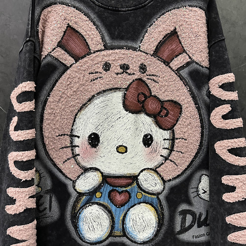 甜美可爱风卡通kt猫兔子圆领卫衣女2025春秋重工新款宽松休闲上衣 - 图2