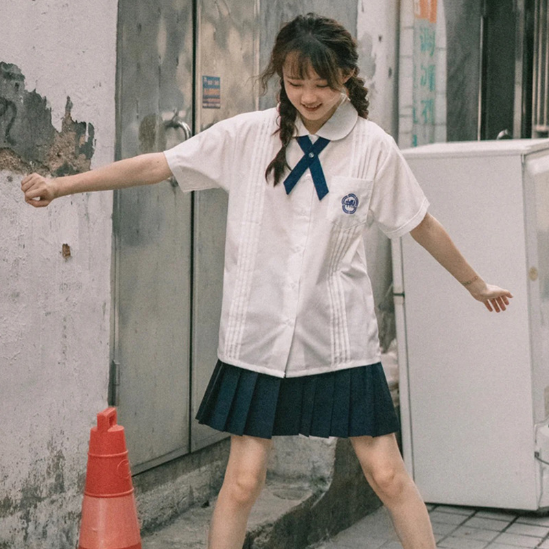 019卡卡同款附中白衬衫藏青半裙校服jk制服学生压褶学院风两件套 - 图0