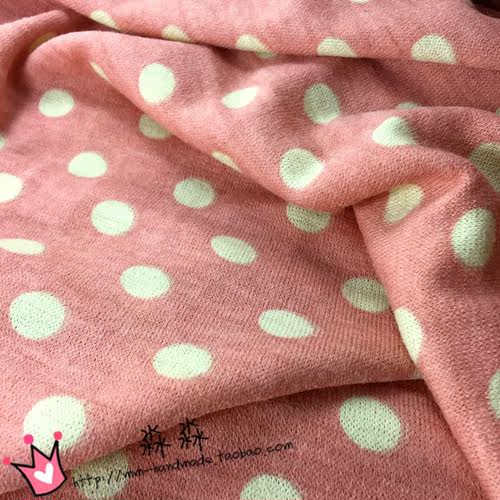 新款秋冬装布料淡粉色水玉弹力兔毛针织 白色圆点点毛衫外套面料 - 图1