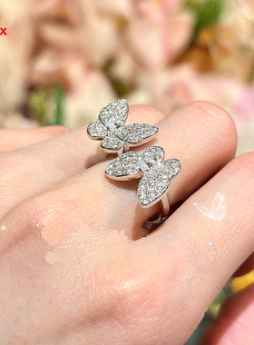 仙女满钻两只蝴蝶轻奢时尚百搭戒指镶钻银镀厚金
