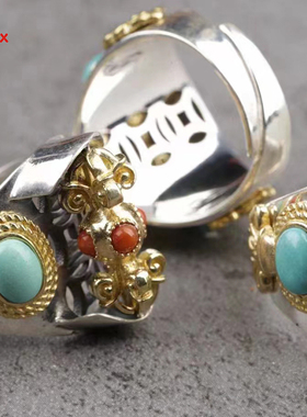 藏式藏族金刚杵纯银戒指青金南红绿松石扳指男复古蒙古马鞍戒镶嵌