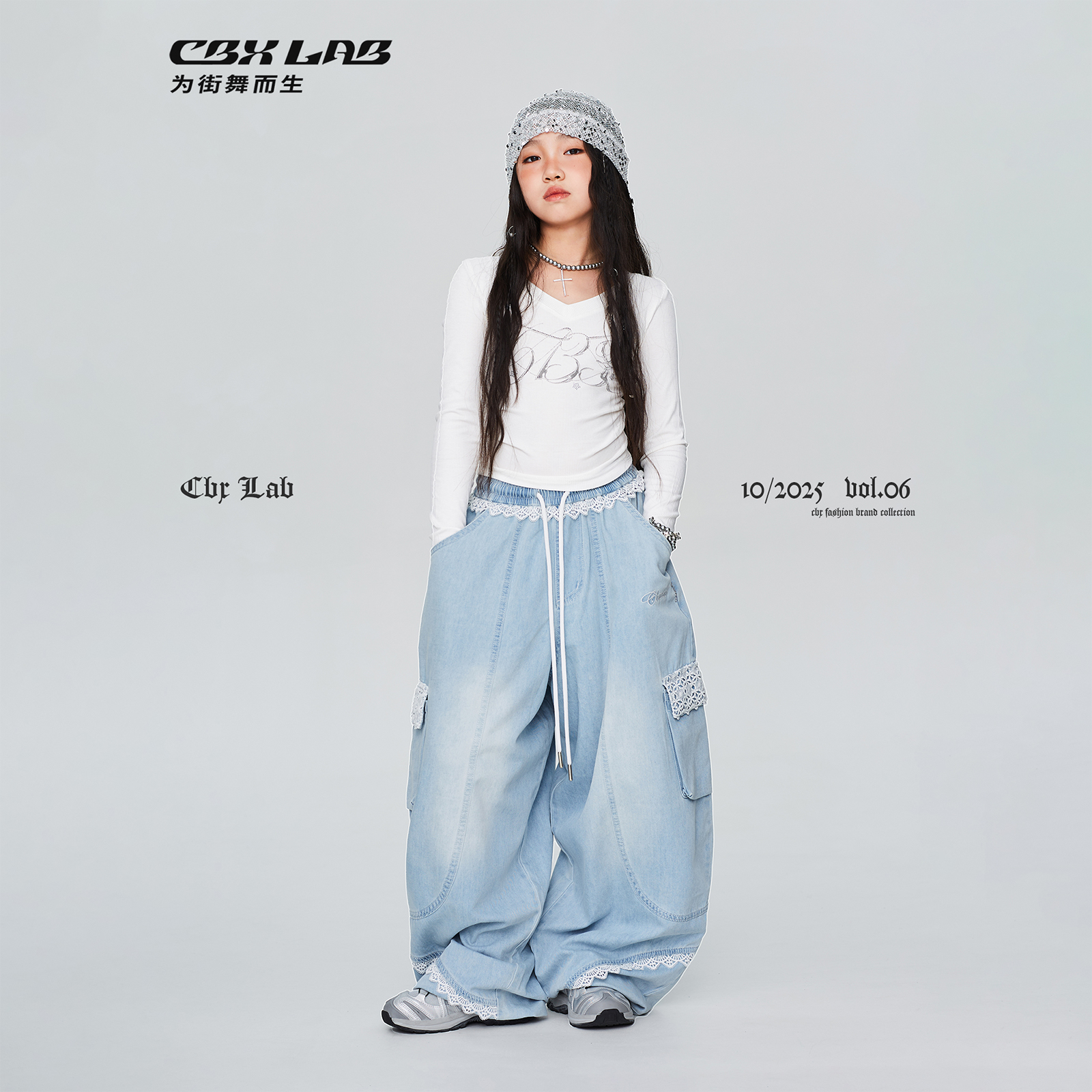 CBXLAB儿童街舞潮牌蕾丝花边爵士牛仔工装裤浅蓝美式甜酷hiphop潮 - 图0