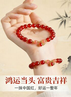 天然红玛瑙手串女款招财福禄葫芦马年本命年红色手链送女友手饰品