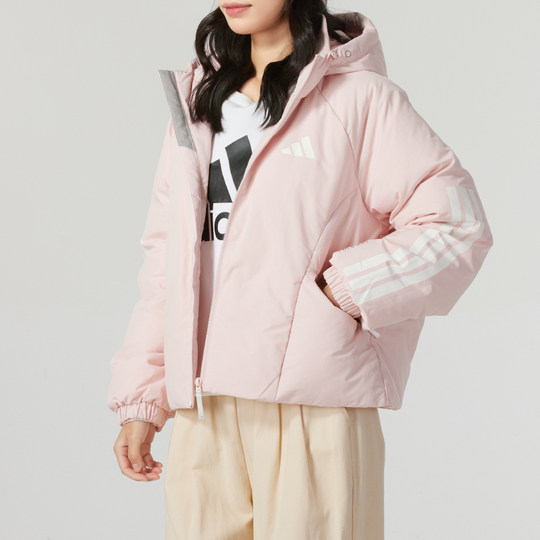 阿迪达斯羽绒服女款2025冬季新款粉色短款运动服三条纹宽松外套