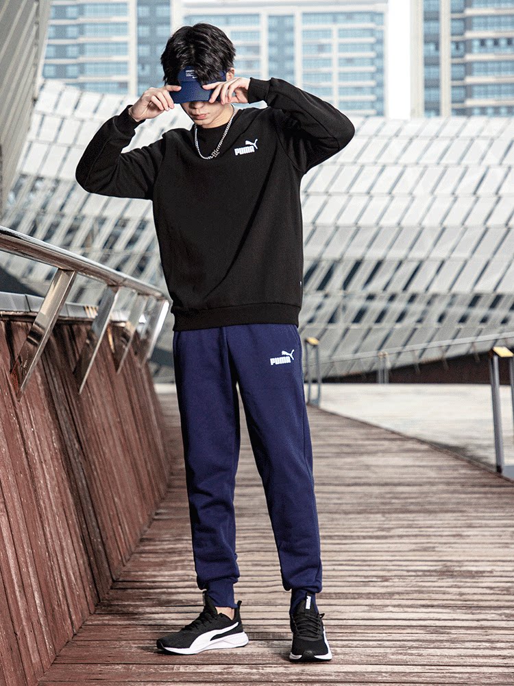 puma彪马运动套装男2023夏季新款黑色卫衣套头衫蓝色卫裤束脚裤子