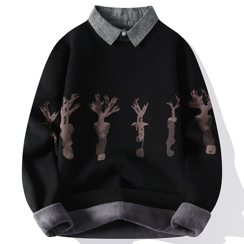 假两件毛衣男士纯棉冬季加绒打底针织衫休闲潮牌衬衫领男装毛线衣,淘宝优惠券,粉丝福利购,淘宝优惠卷