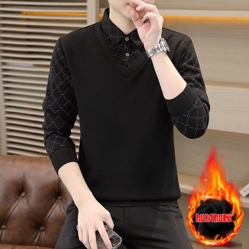 秋冬季假两件衬衫领毛衣男士内搭针织打底衫加绒加厚带领保暖线衣,淘宝优惠券,粉丝福利购,淘宝优惠卷