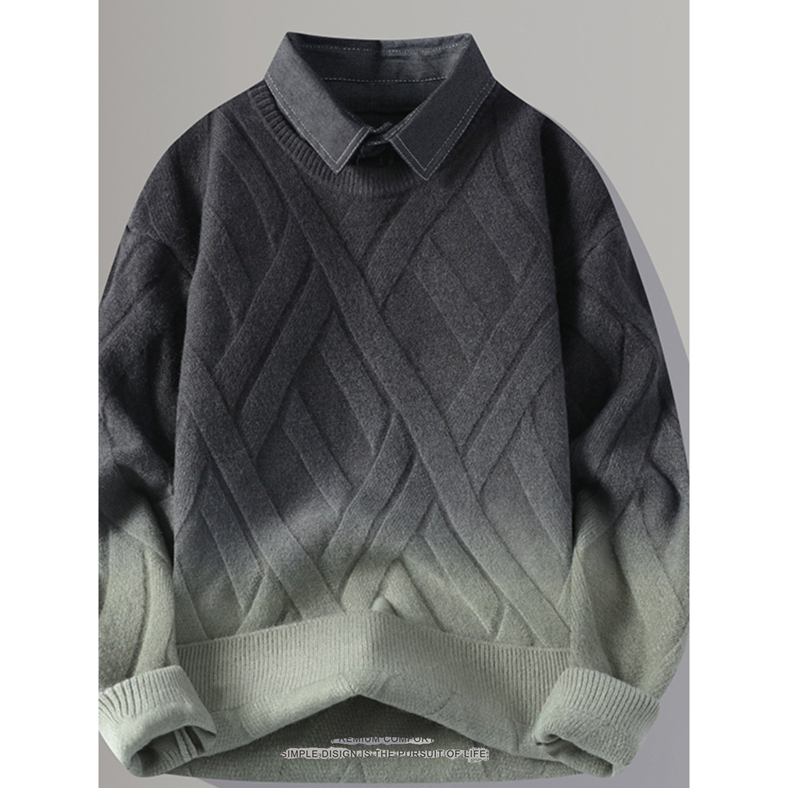 假两件毛衣男秋冬季2025新款衬衫领渐变色男士加绒加厚打底针织衫,淘宝优惠券,粉丝福利购,淘宝优惠卷