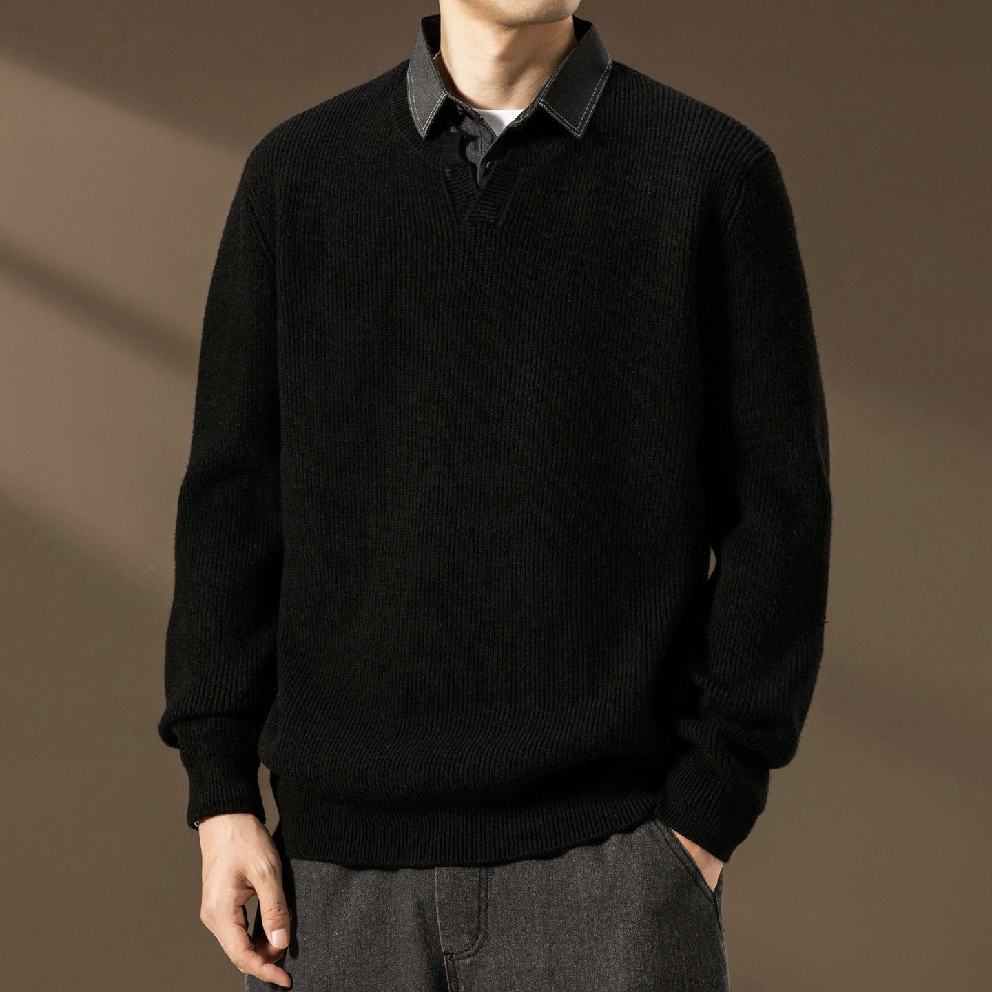 高端假两件毛衣男士秋冬季潮流宽松保暖保暖上衣衬衫领打底针织衫,淘宝优惠券,粉丝福利购,淘宝优惠卷