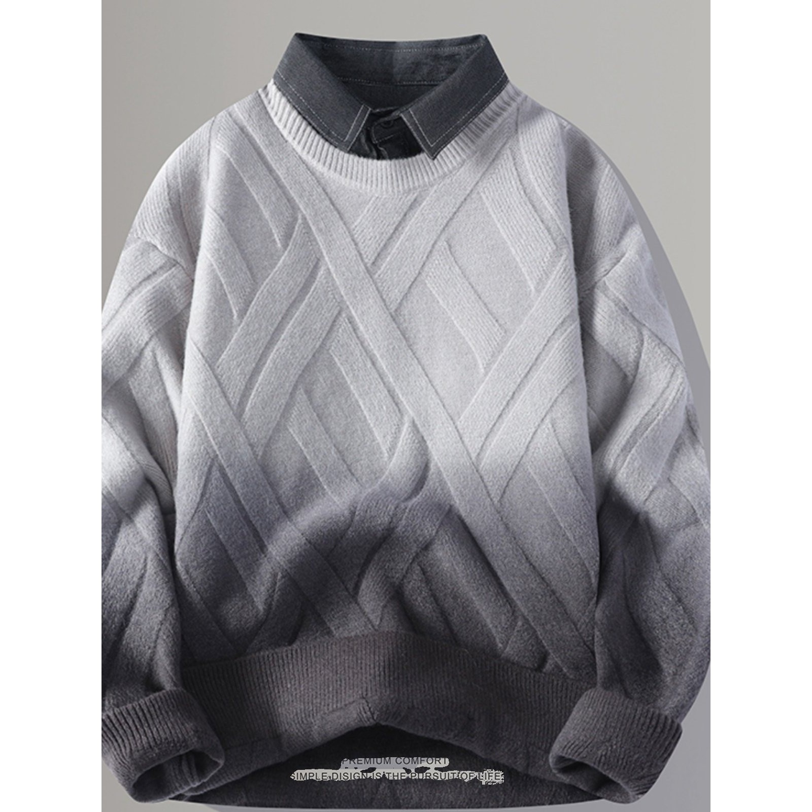 假两件毛衣男秋冬季2025新款衬衫领渐变色男士加绒加厚打底针织衫,淘宝优惠券,粉丝福利购,淘宝优惠卷