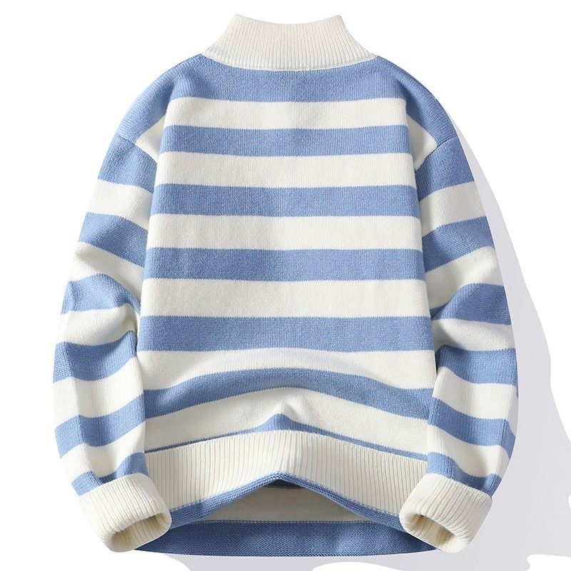 半拉链条纹潮牌宽松毛衣男士秋冬季2025新款加厚半高领针织打底衫,淘宝优惠券,粉丝福利购,淘宝优惠卷