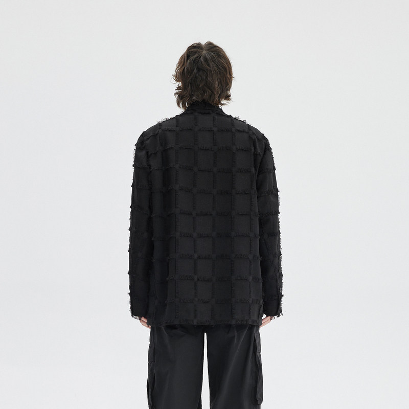 INXXAPYD 复古格纹西装外套男女同款黑色毛边提花休闲西服,淘宝优惠券,粉丝福利购,淘宝优惠卷