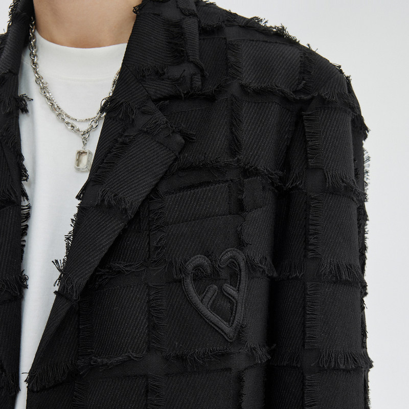 INXXAPYD 复古格纹西装外套男女同款黑色毛边提花休闲西服,淘宝优惠券,粉丝福利购,淘宝优惠卷