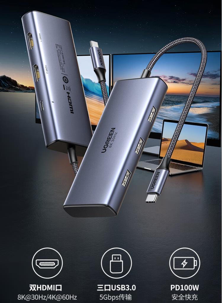 绿联15769 拓展坞六合一Type-C转2HDMI+3USB+pd供电CM498三屏异显 - 图0