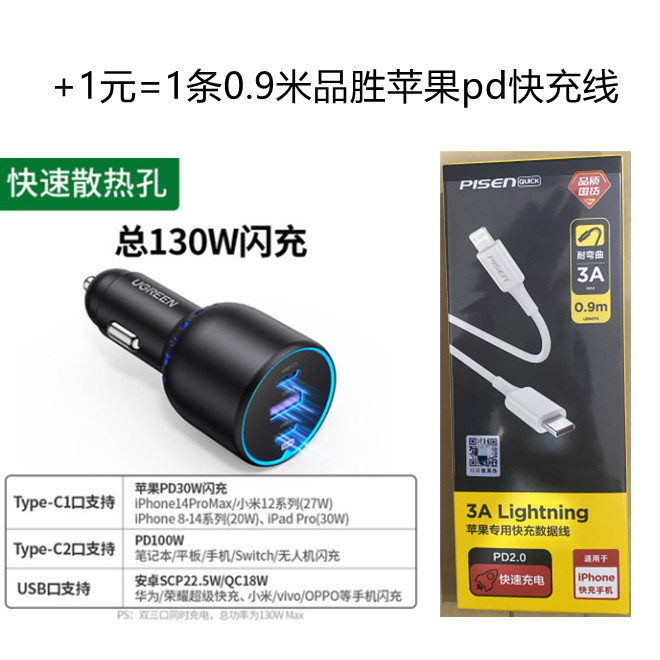 绿联90413车载充电器130w款C口100可充笔记本+22.5W快充=CD293