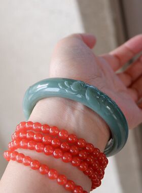 「荷兔」和田玉俄罗斯碧玉粉青雕刻小兔子莲花国风手镯58圈口