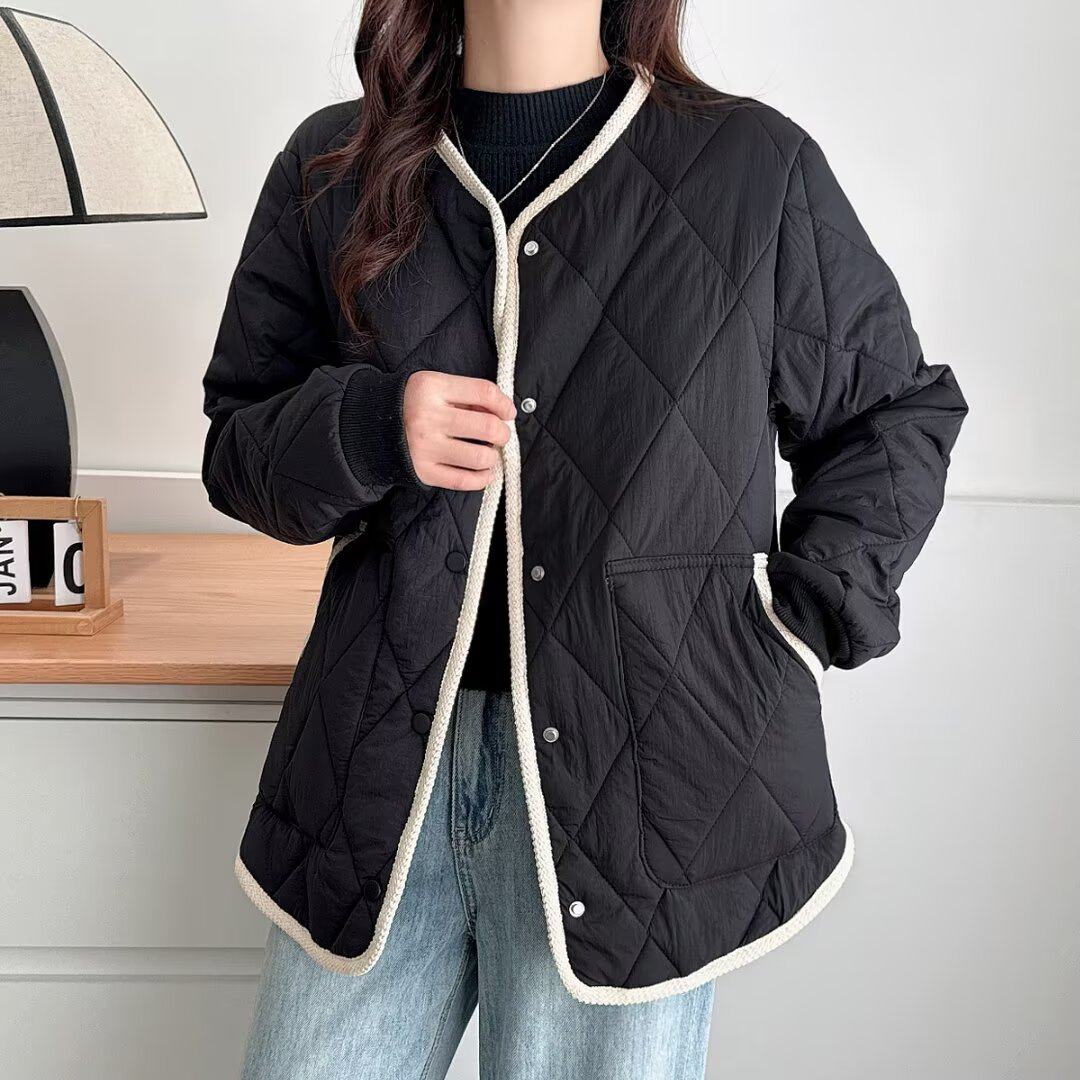 大码女装菱格纹棉服胖mm宽松显瘦POLO领百搭轻薄棉衣外套,淘宝优惠券,粉丝福利购,淘宝优惠卷