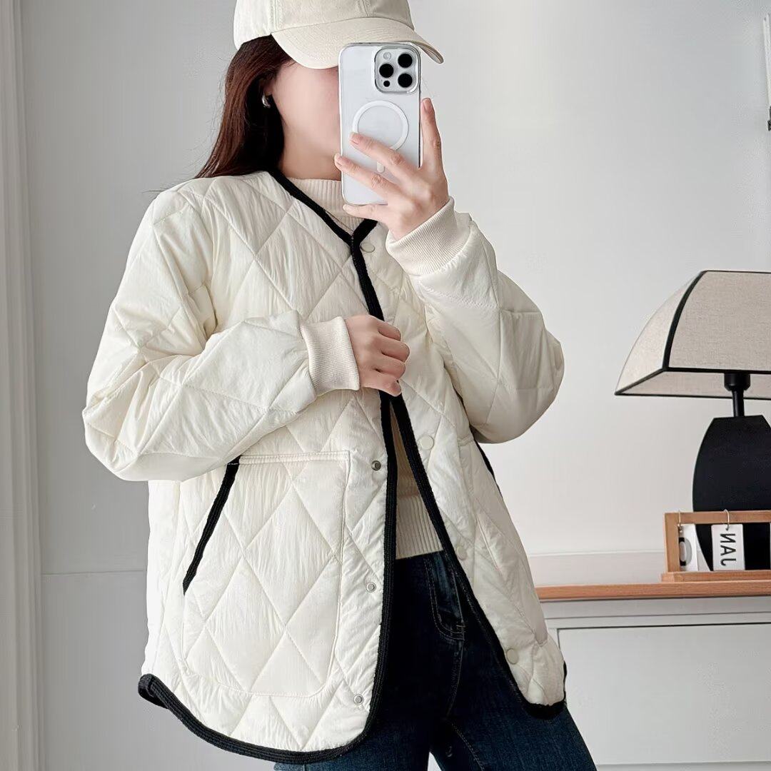 大码女装菱格纹棉服胖mm宽松显瘦POLO领百搭轻薄棉衣外套,淘宝优惠券,粉丝福利购,淘宝优惠卷