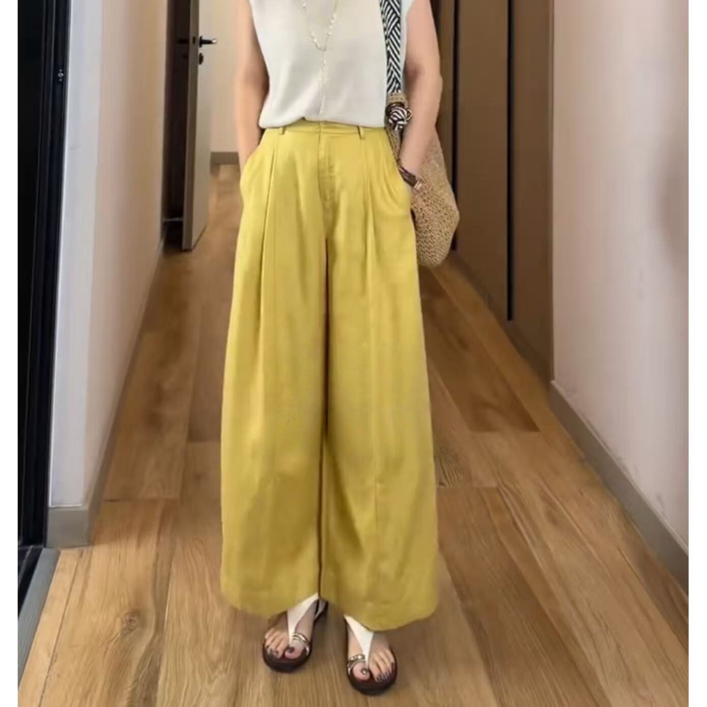 老钱风天丝亚麻阔腿裤女夏季黄色麻料裤子高腰透气吸湿排汗休闲裤