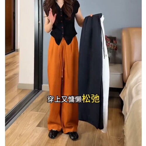 慵懒风天丝亚麻阔腿裤女2026夏季薄款系绳麻料高腰弯刀裤休闲长裤 - 图0