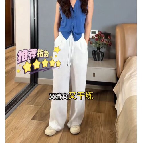 慵懒风天丝亚麻阔腿裤女2026夏季薄款系绳麻料高腰弯刀裤休闲长裤 - 图3