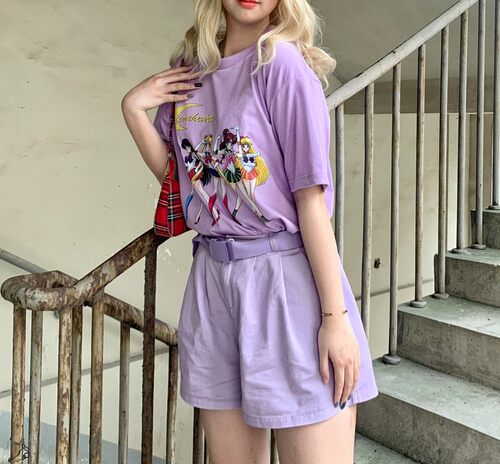 中二 周洁琼同款oversize宽大美少女战士紫色t恤裙短袖下半身失踪 - 图0