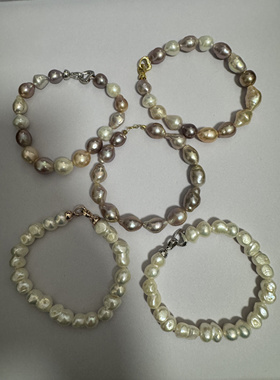 清仓天然淡水珍珠糖纸巴洛克大彩珠手链925纯银扣头18k金夹扣扣头